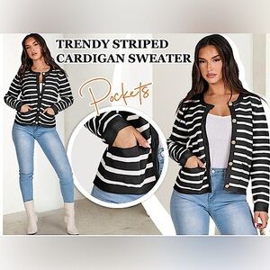Black and White Striped Cardigan Sweater - Size Small